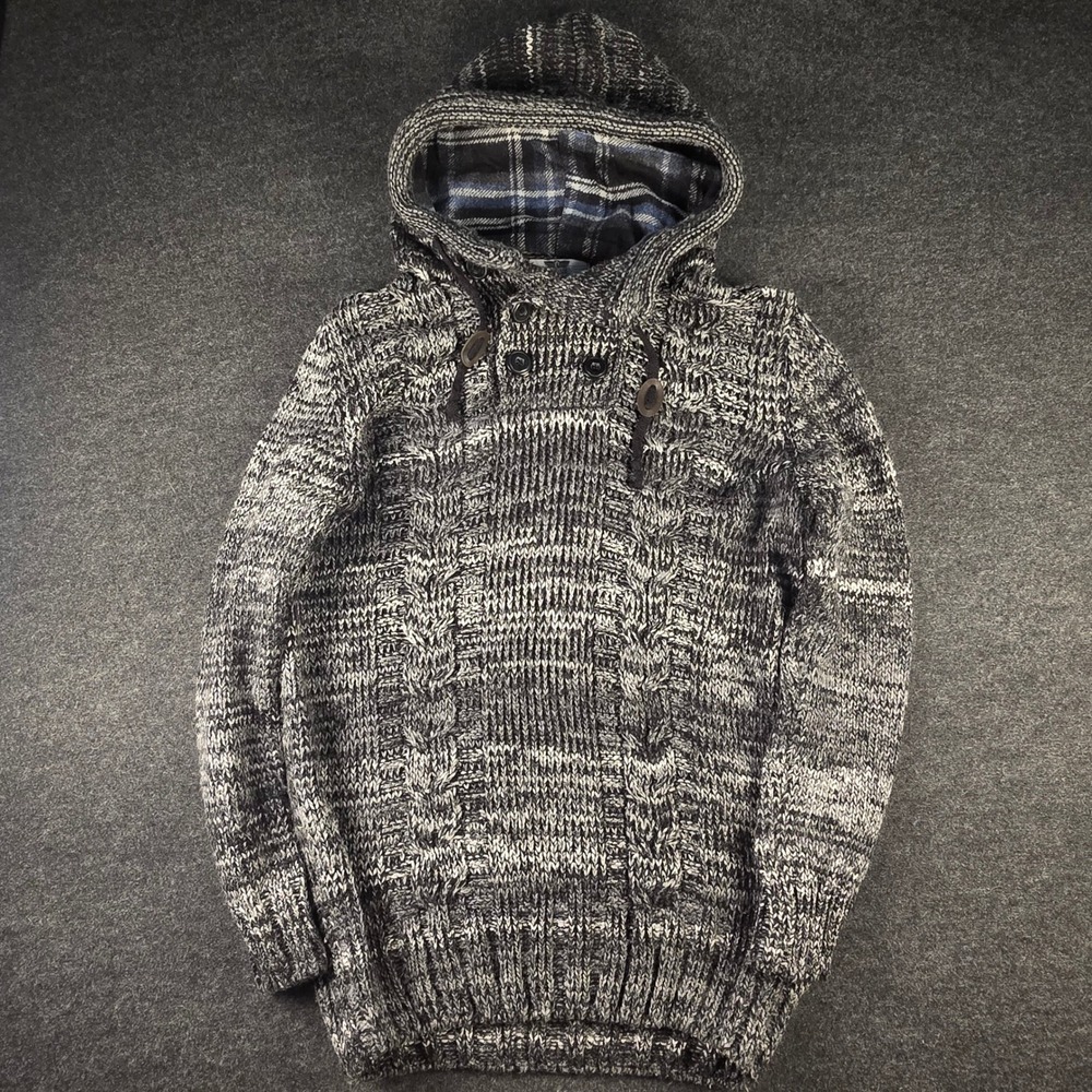 Leif Nelson Men's Gray Marled Knit Hoodie Chunky Textured Pullover Size XL